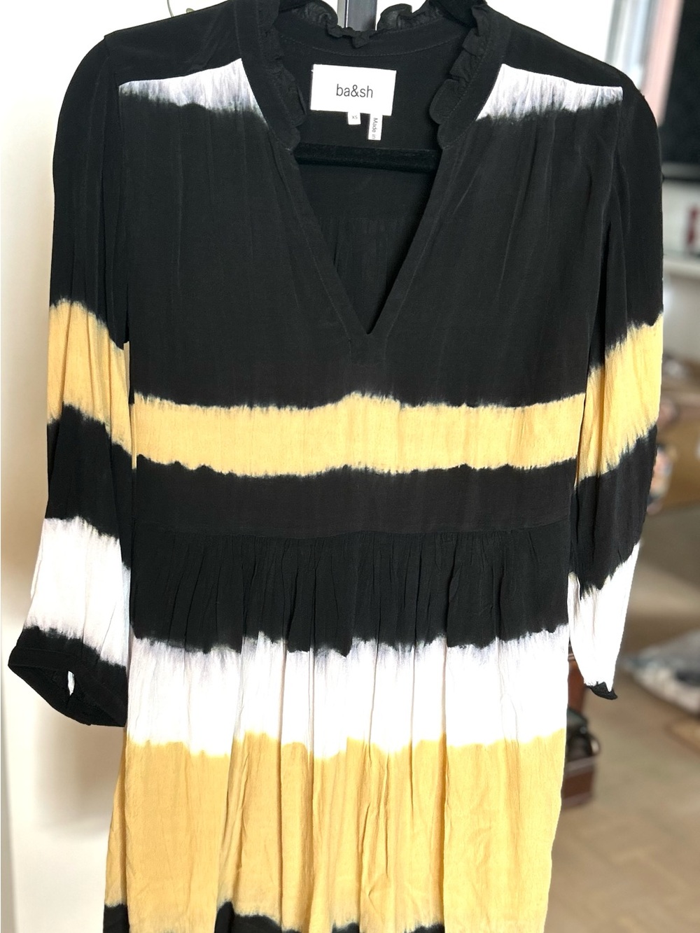ba&sh Paris Black, White & mustard Tie-Dye V-Neck Midi Dress. Ruffle neck.crepe
